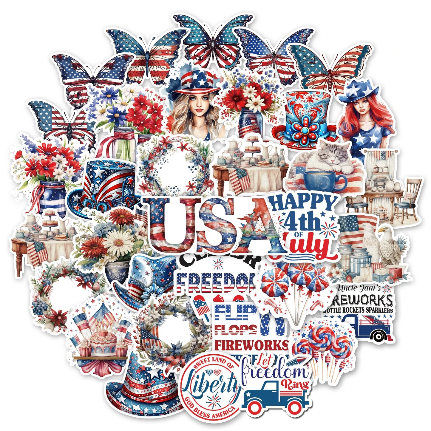 53-Piece Patriotic American Flag Sticker Pack | Vinyl 4th of July Decals