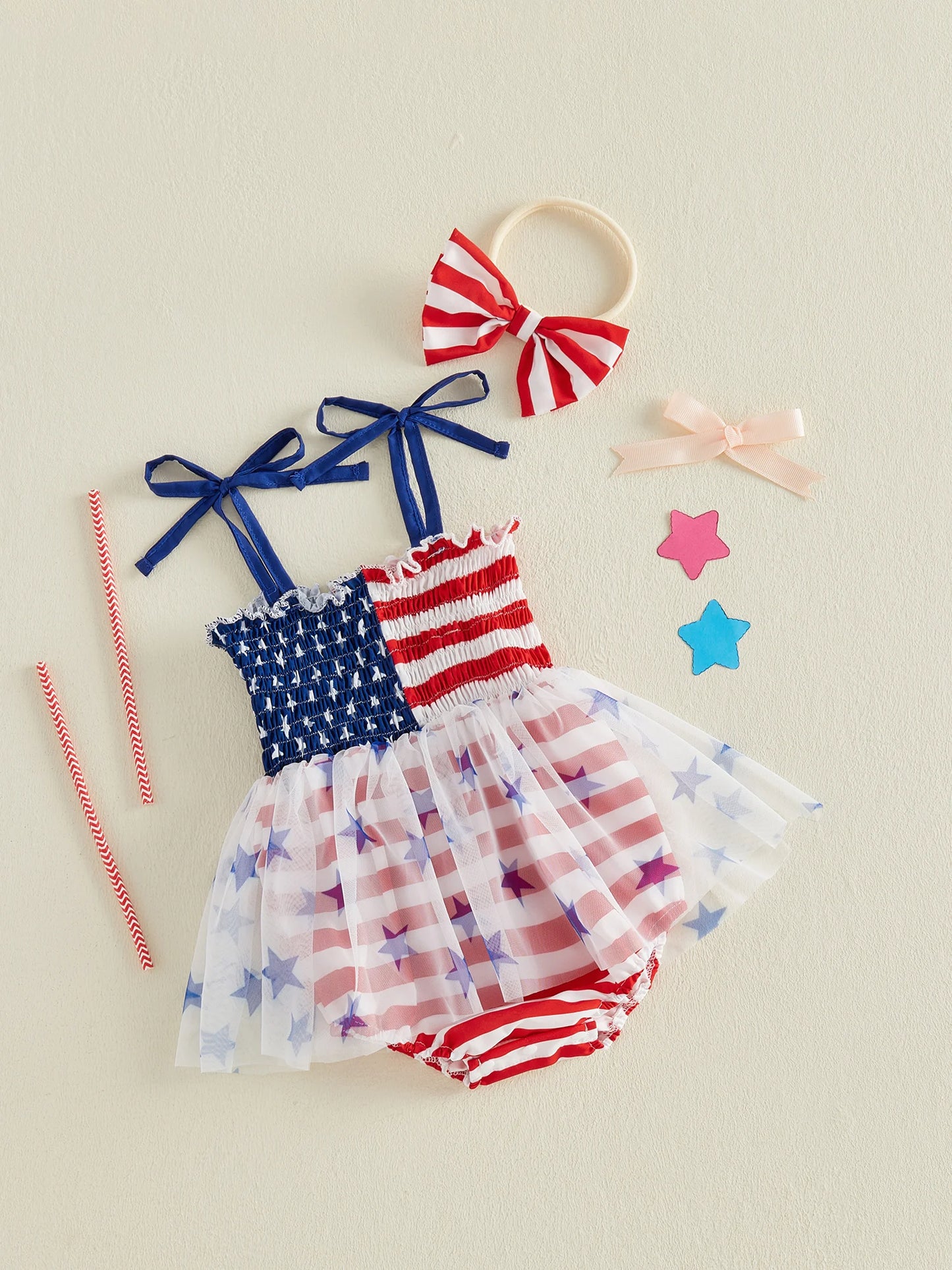Infant Baby Girl Bodysuits Outfit Independence Day Sleeveless Tie up Shoulder Strap Star Stripe Print Romper Dress and Headband