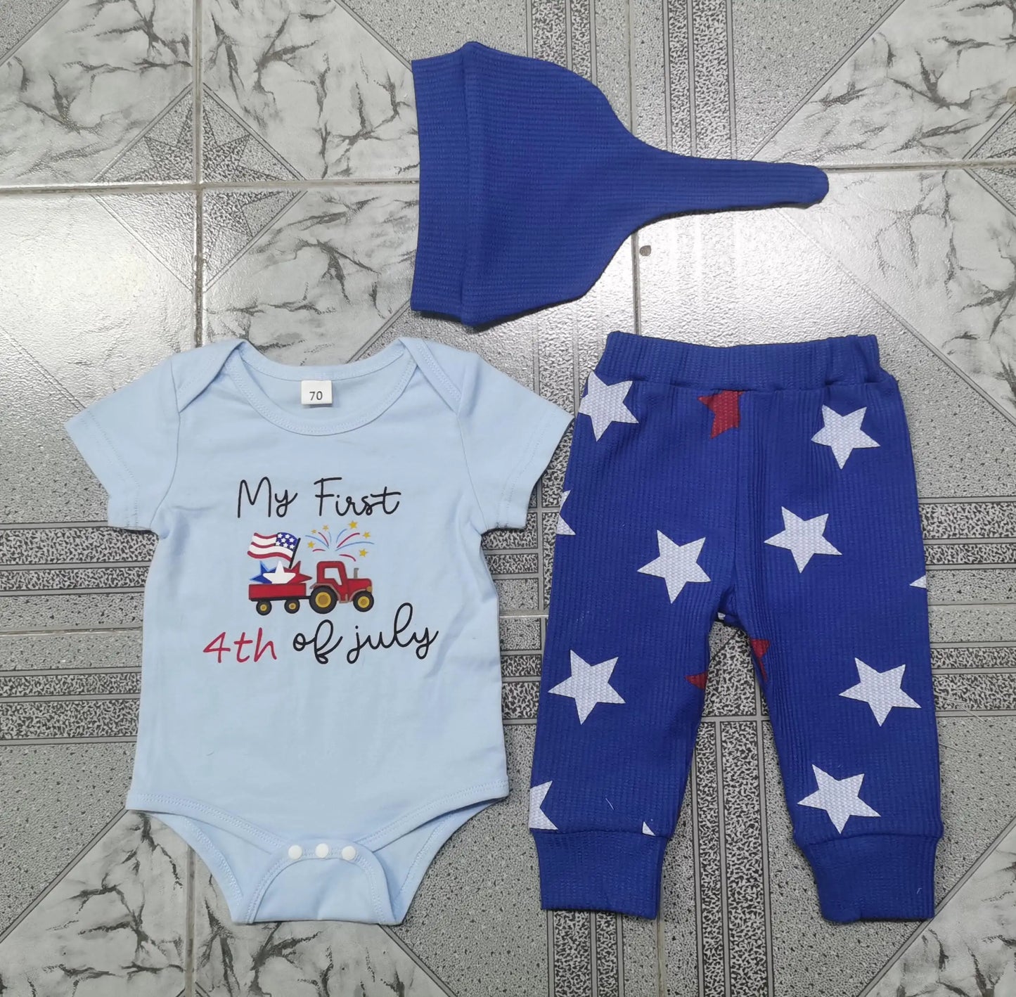 4th of July Baby Boys Outfit Adorable Letter Tractor Print Short Sleeve O Neck Jumpsuit Hat Elastic Waist Pants Set