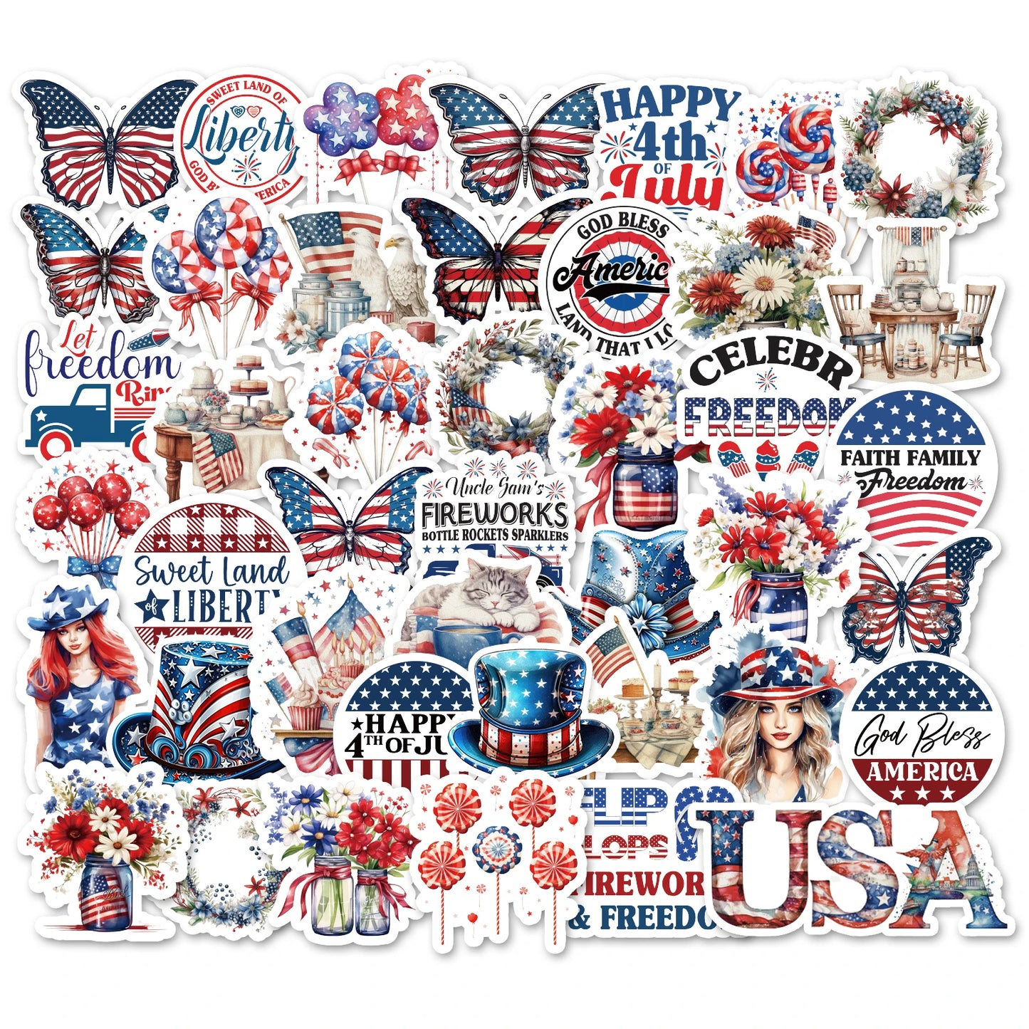 53-Piece Patriotic American Flag Sticker Pack | Vinyl 4th of July Decals