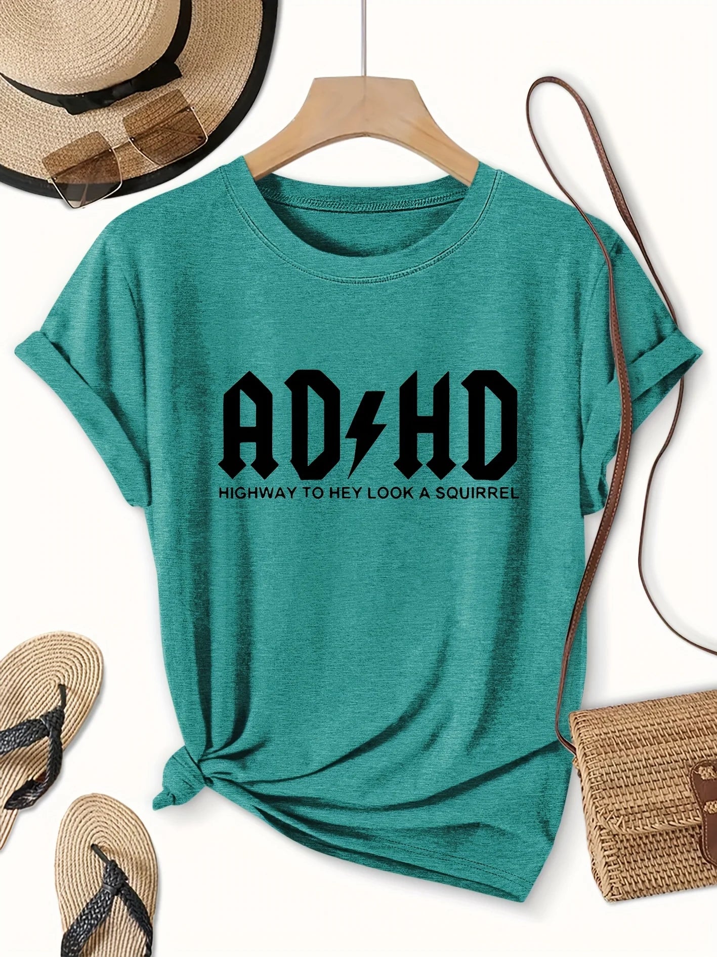 ADHD Highway To Hey Look A Squirrel Women's Tee, Funny Grey Top