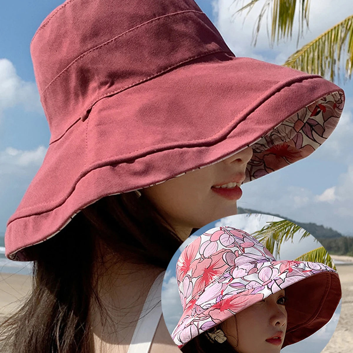 Double-Sided Flower Print Bucket Hat | Wide Brim Sun Hat with Windproof Rope | Women's