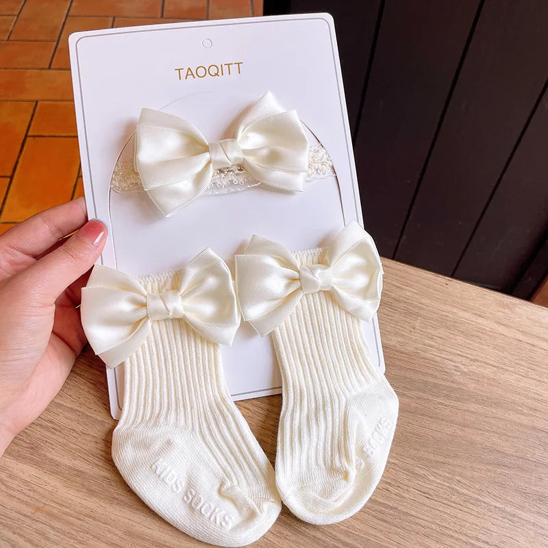 Baby Lace Headband with Ruffled Edges Bow Anti Slip Socks Set Princess Cute Photo Hair Accessories Photography Props