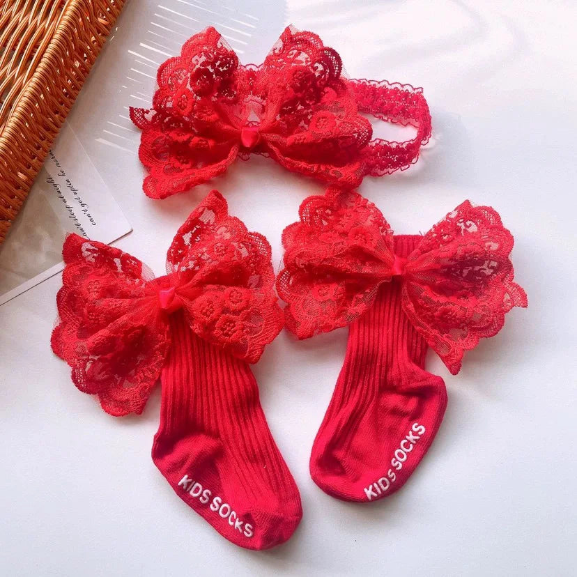 Baby Lace Headband with Ruffled Edges Bow Anti Slip Socks Set Princess Cute Photo Hair Accessories Photography Props