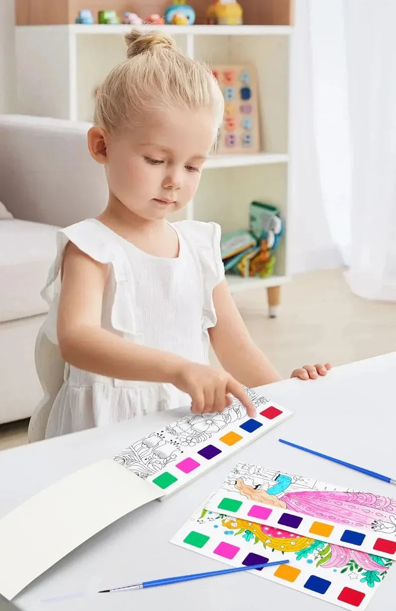 Magic Watercolor Coloring Book for Kids 12 Sheets Graffiti Painting Notebook with Paint Brush Water-Activated Gouache Drawing