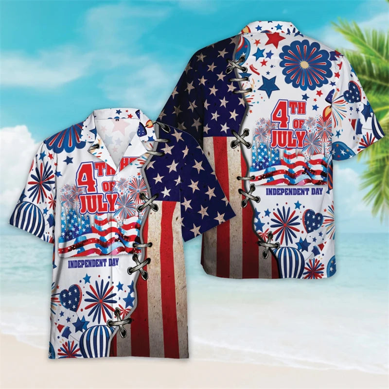 4th of July Patriotic Hawaiian Button Shirt | USA Flag Lapel | Men's