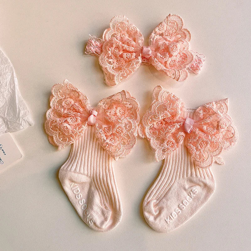 Baby Lace Headband with Ruffled Edges Bow Anti Slip Socks Set Princess Cute Photo Hair Accessories Photography Props