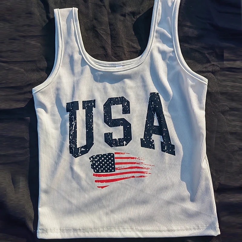 Y2k USA Crop Top Harajuku Women Letter Print T-Shirts Slim Retro Fashion Grunge Vintage Tee Streetwear Aesthetic Clothing Sexy