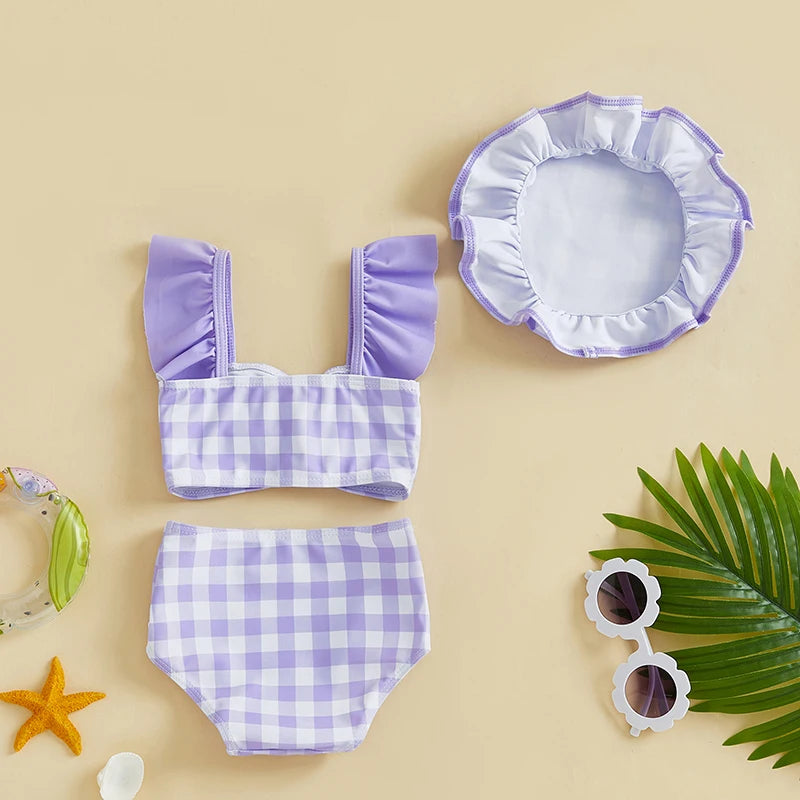 Children 3Pcs Beachwear Baby Girl Bikini Swimsuit Infant Casual Bathing Suit Newborn Swimwear Plaid Fly Sleeve Tank Tops Shorts