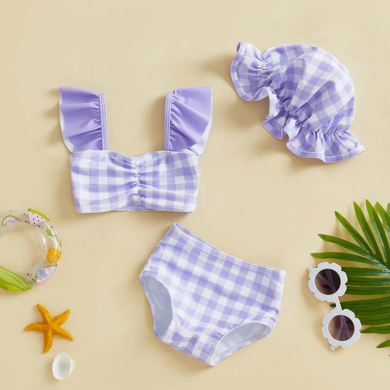Children 3Pcs Beachwear Baby Girl Bikini Swimsuit Infant Casual Bathing Suit Newborn Swimwear Plaid Fly Sleeve Tank Tops Shorts