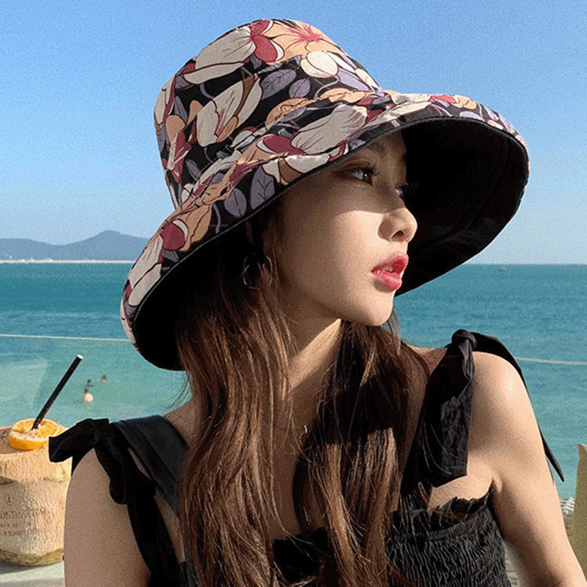 Double-Sided Flower Print Bucket Hat | Wide Brim Sun Hat with Windproof Rope | Women's