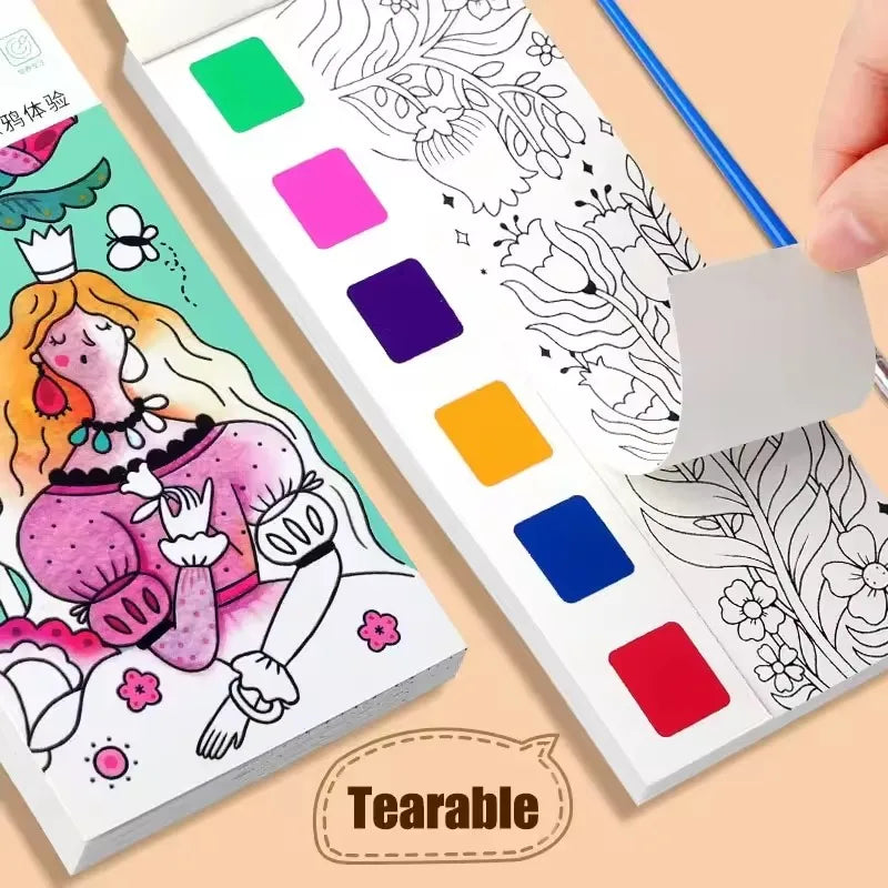 Magic Watercolor Coloring Book for Kids 12 Sheets Graffiti Painting Notebook with Paint Brush Water-Activated Gouache Drawing