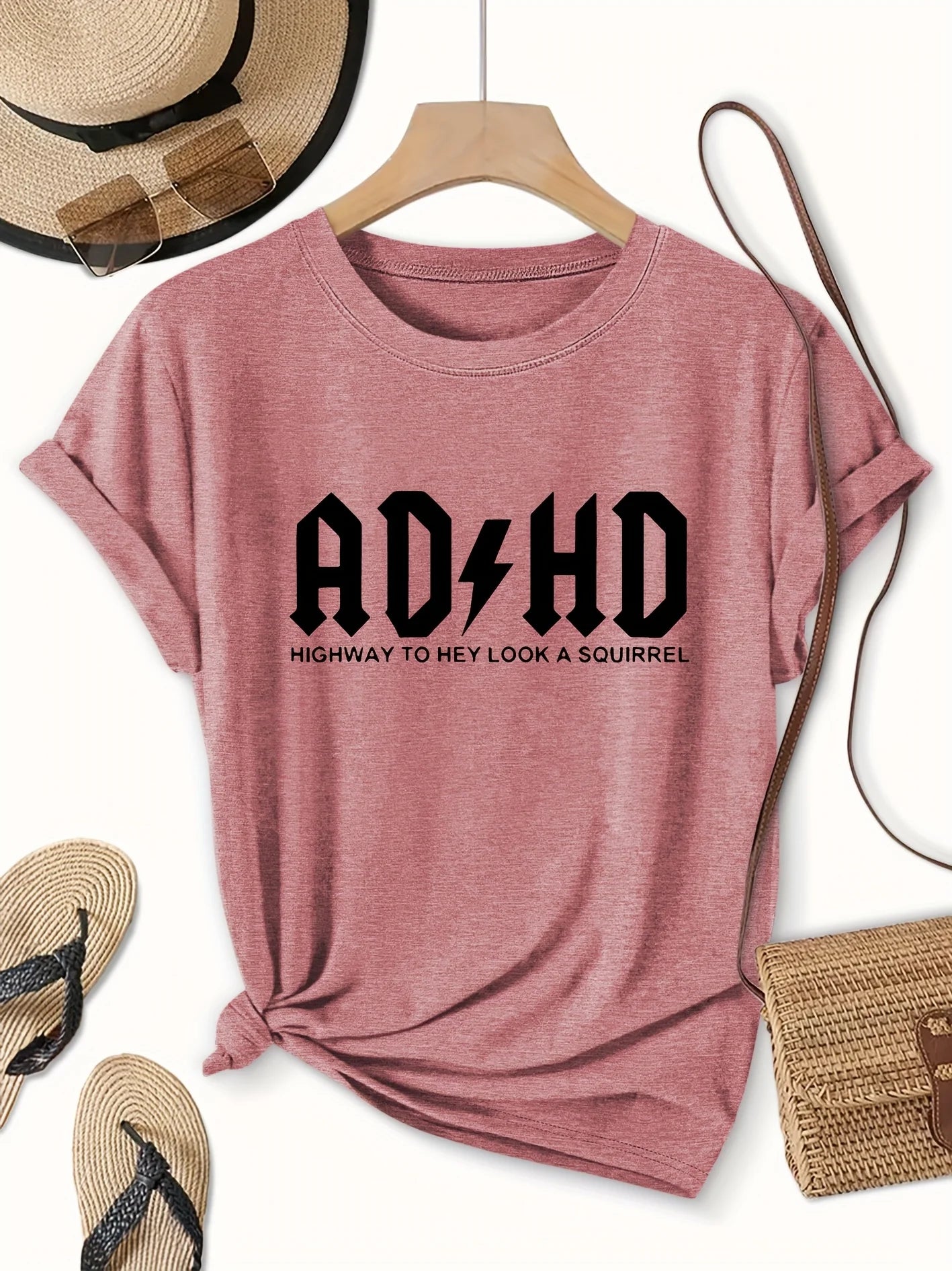 ADHD Highway To Hey Look A Squirrel Women's Tee, Funny Grey Top