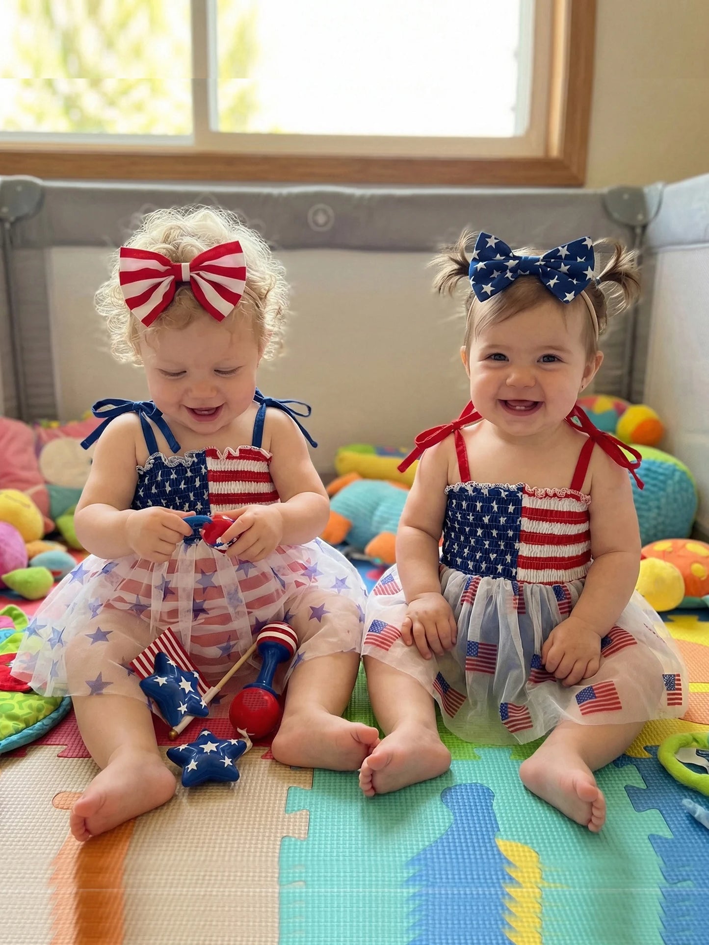 Infant Baby Girl Bodysuits Outfit Independence Day Sleeveless Tie up Shoulder Strap Star Stripe Print Romper Dress and Headband