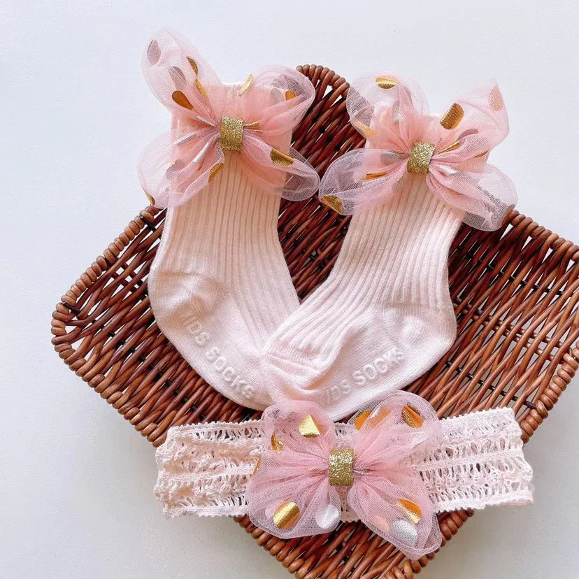 Baby Lace Headband with Ruffled Edges Bow Anti Slip Socks Set Princess Cute Photo Hair Accessories Photography Props