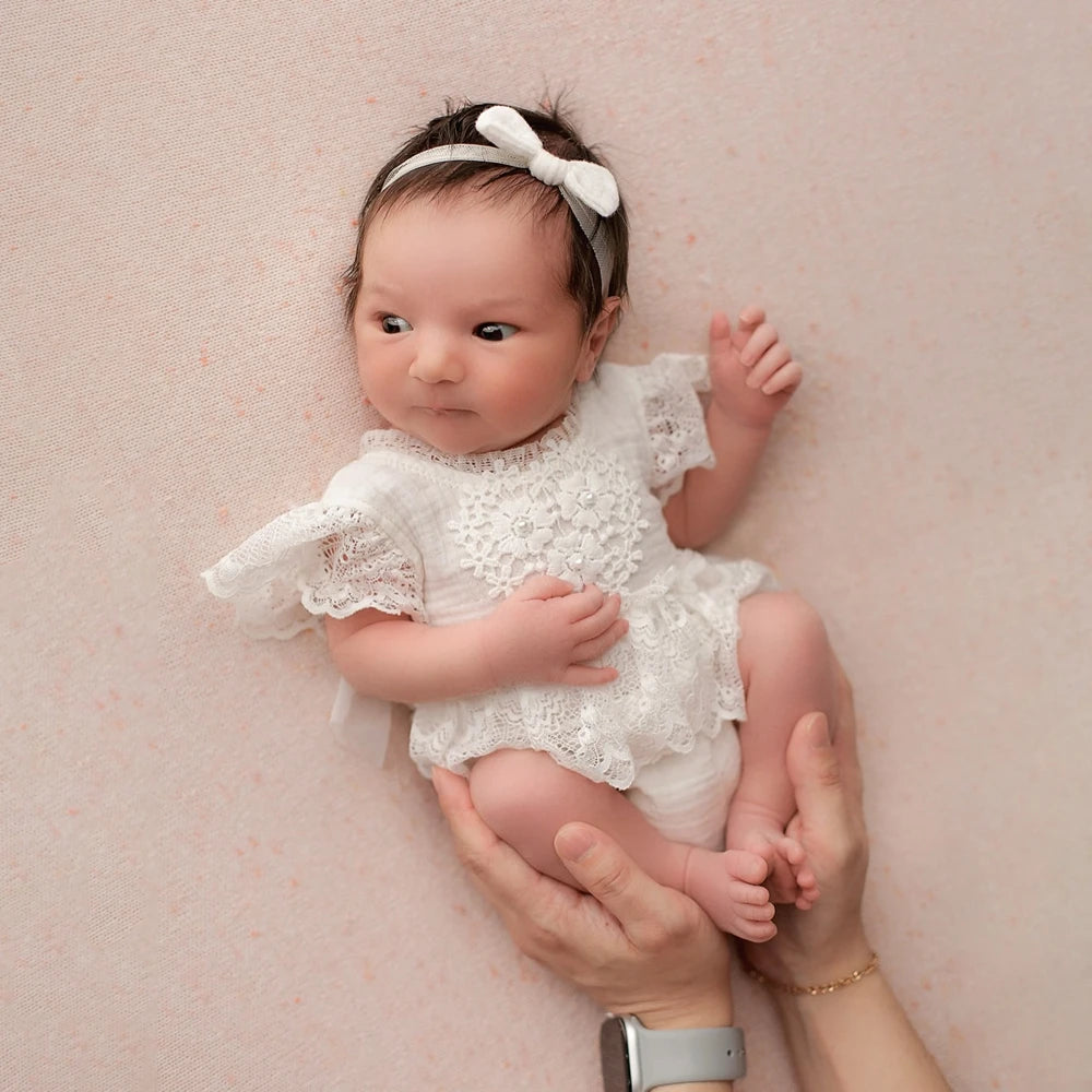 Baby Girl Lace Ruffle Open Back Romper Bow Headband Newborn Photography Props Infant Photo Shoot Outfit Newborn Prop