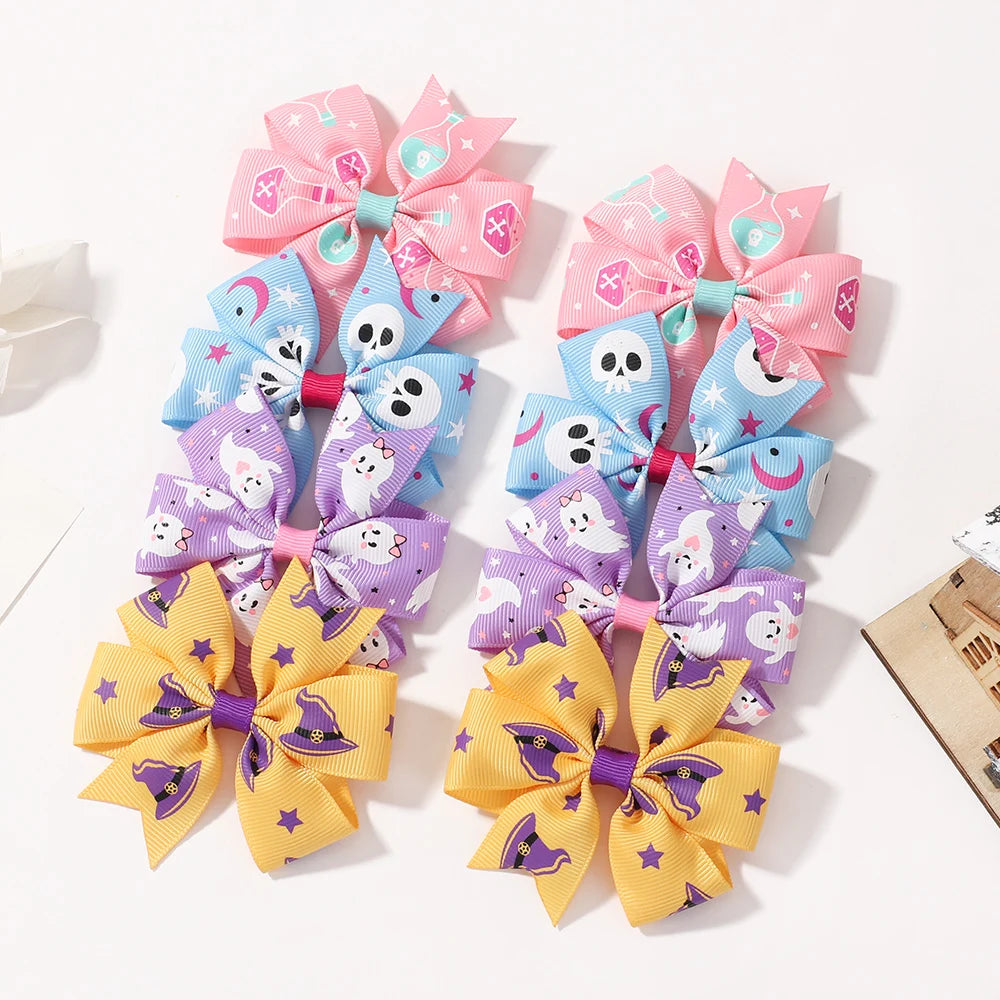 4Pcs/Set Baby Girls Bow Hair Clips 3.5'' Cute Printing Halloween Party Headdress Headwear Hair Accessories for 2-5 Years Old