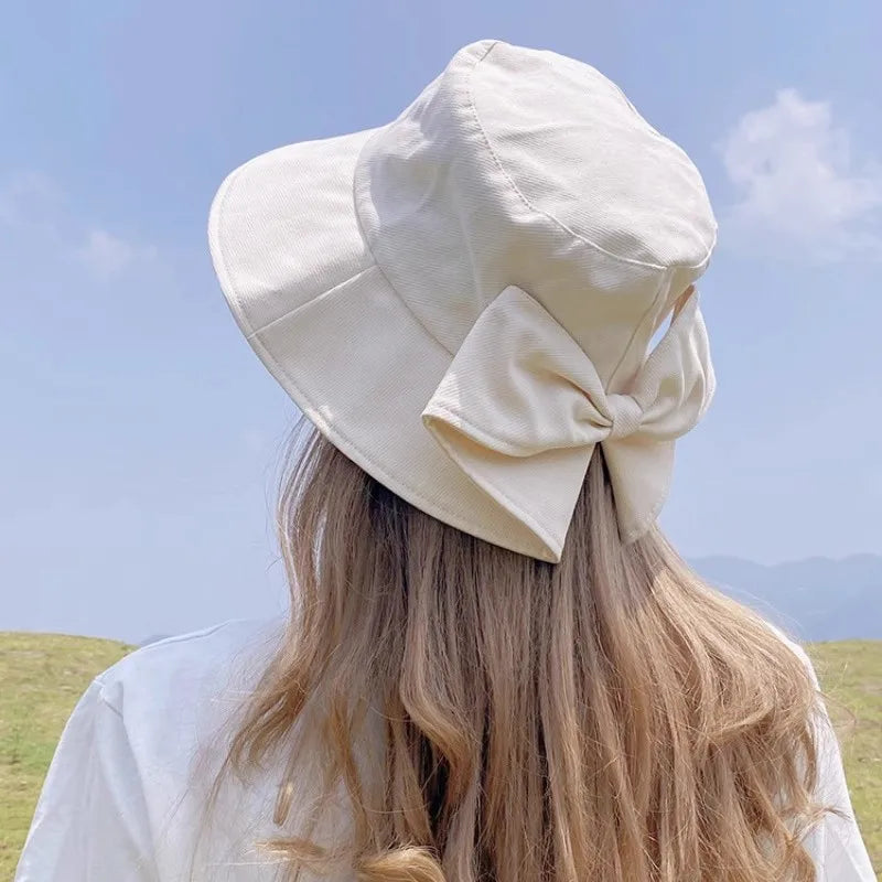 Women's Wide Brim Bow Decor Sun Hat | Japanese Style Bucket Hat | UV Protection