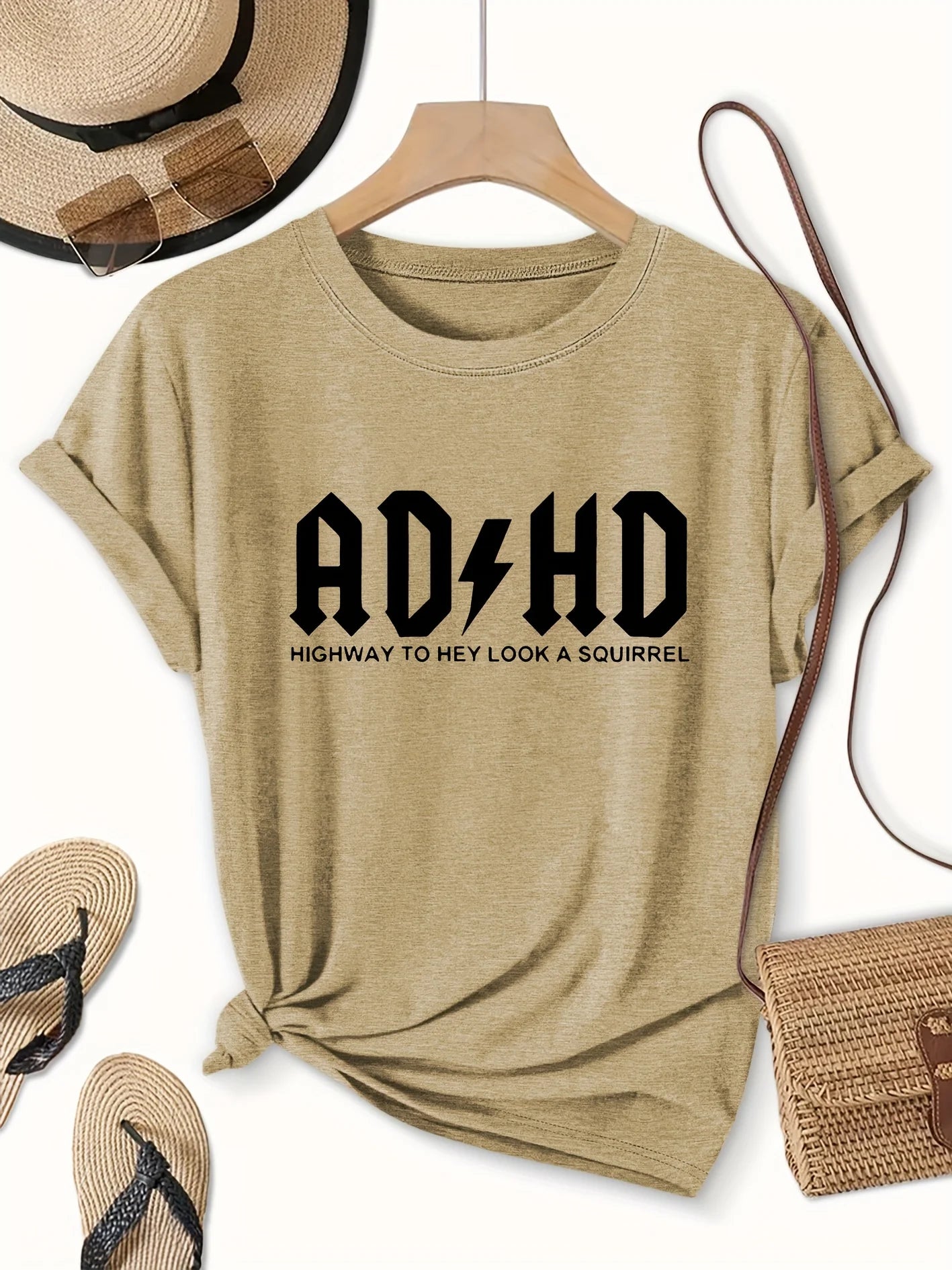 ADHD Highway To Hey Look A Squirrel Women's Tee, Funny Grey Top