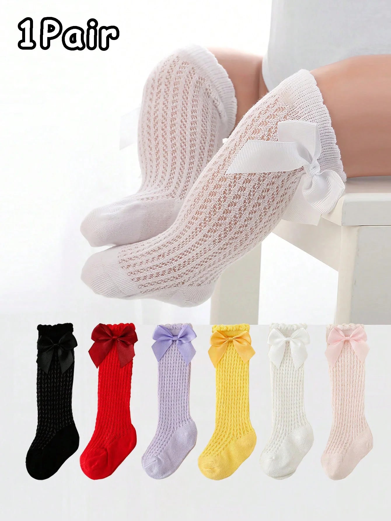 1 Pair of Bows Decoration Babies Cotton Summer Mesh Lace Knee Socks Toddler Princess Long Socks for 0-36 Months Baby Girls Wear