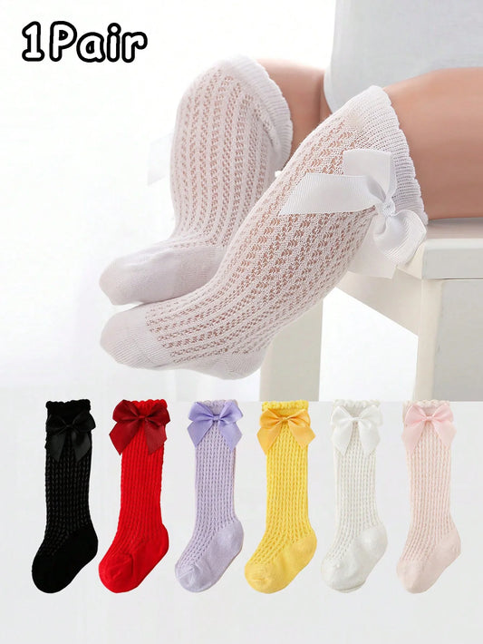 1 Pair of Bows Decoration Babies Cotton Summer Mesh Lace Knee Socks Toddler Princess Long Socks for 0-36 Months Baby Girls Wear