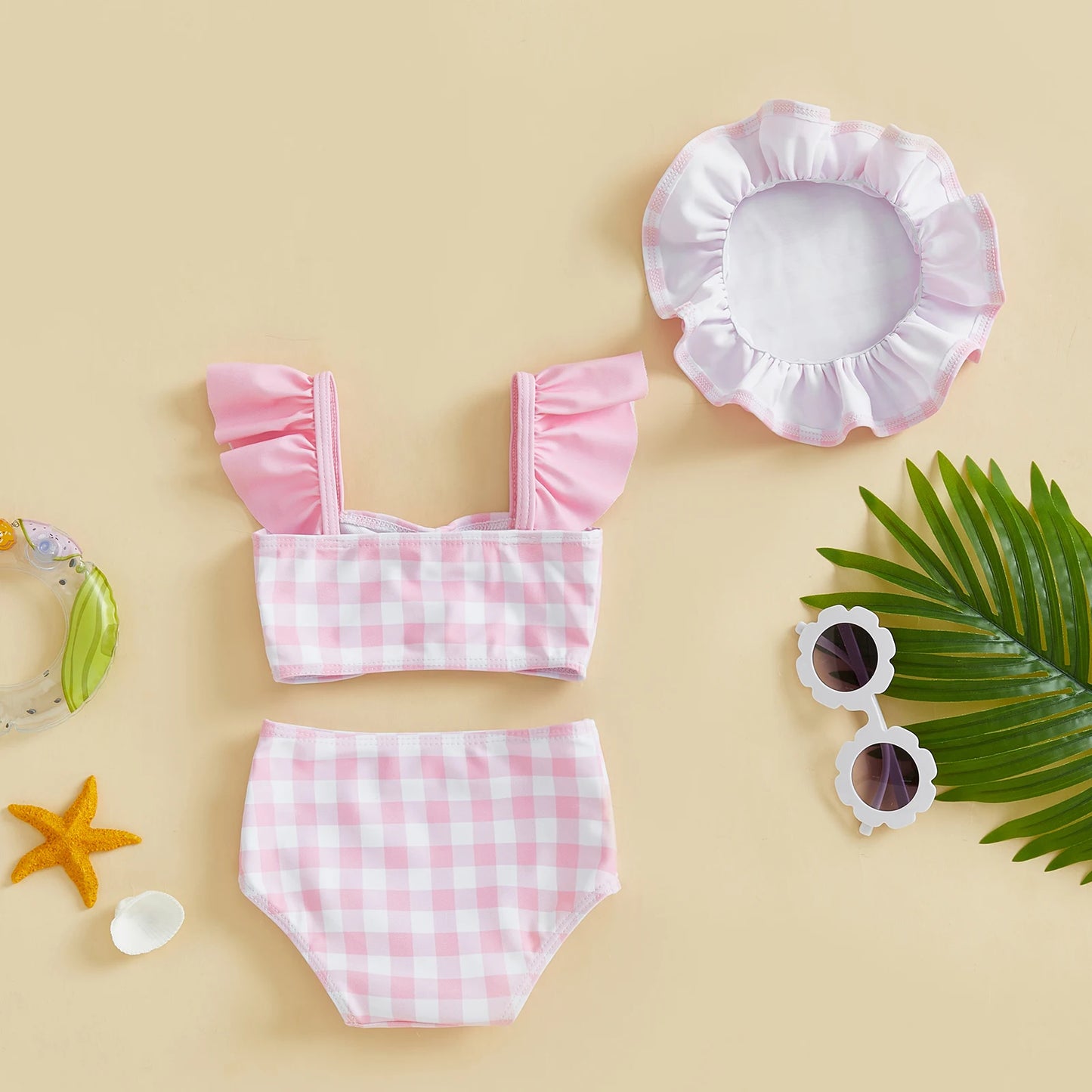 Children 3Pcs Beachwear Baby Girl Bikini Swimsuit Infant Casual Bathing Suit Newborn Swimwear Plaid Fly Sleeve Tank Tops Shorts