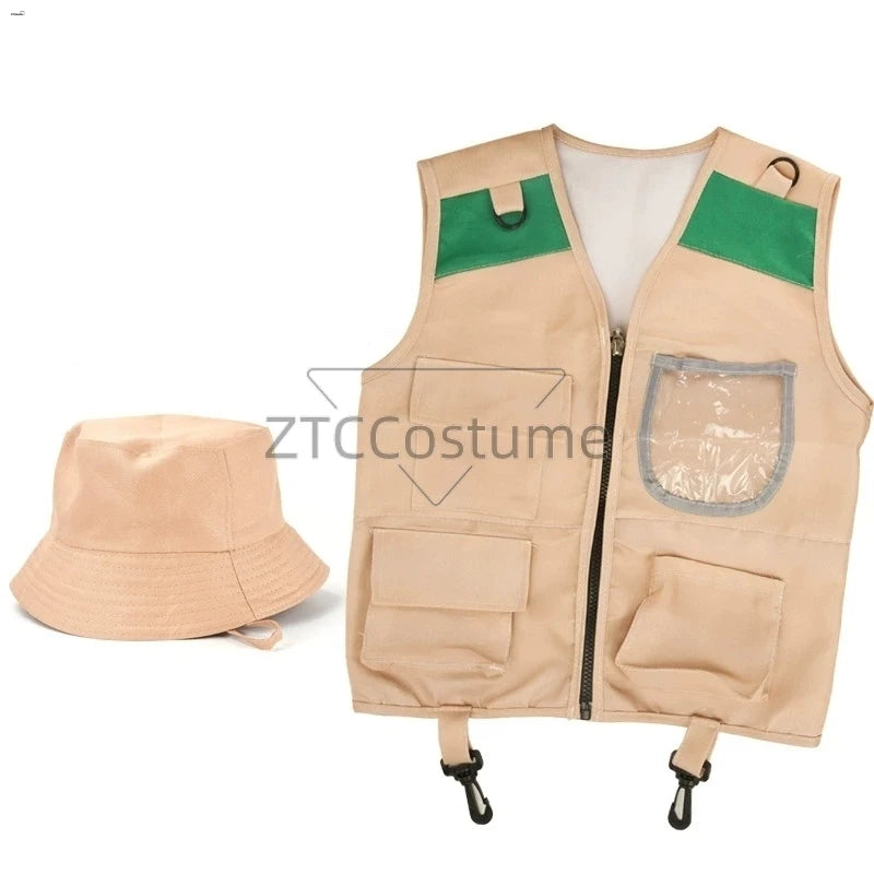 Kids Explorer Vest and Hat Costume Safari Cargo Vest Boys Outdoor Adventure Kit Halloween Cosplay Dress Up Pretend Play Costumes