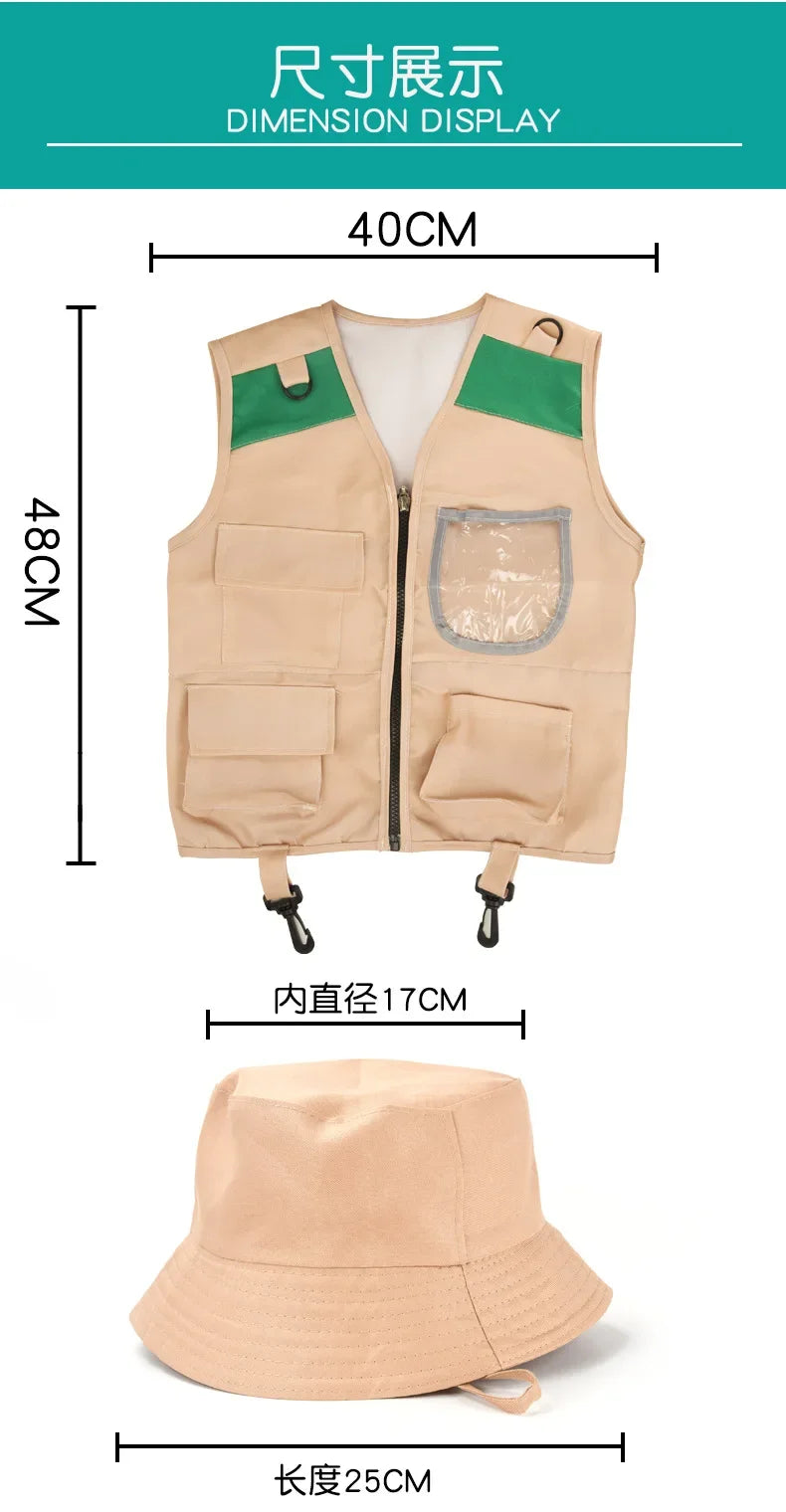 Kids Explorer Vest and Hat Costume Safari Cargo Vest Boys Outdoor Adventure Kit Halloween Cosplay Dress Up Pretend Play Costumes