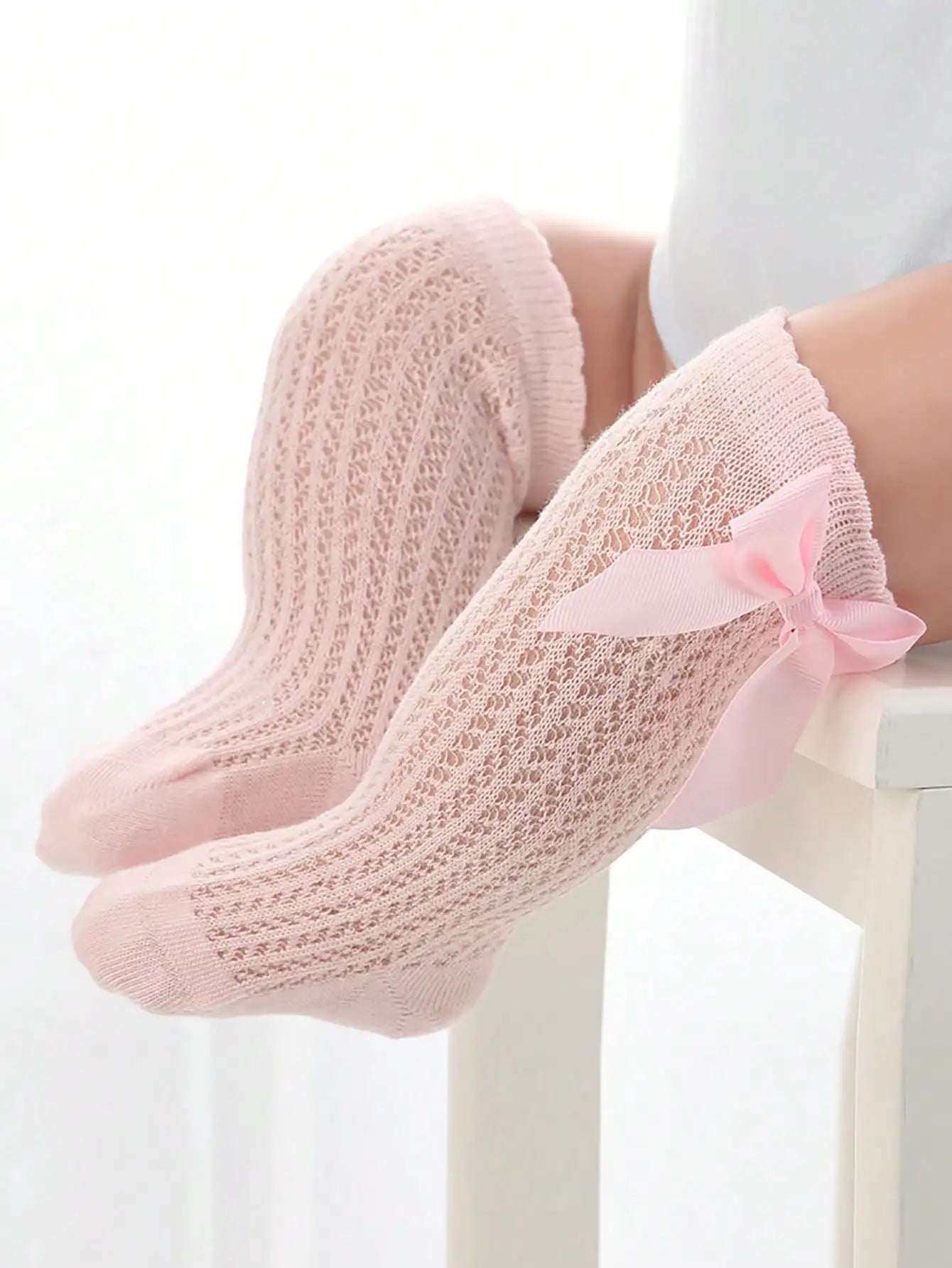 1 Pair of Bows Decoration Babies Cotton Summer Mesh Lace Knee Socks Toddler Princess Long Socks for 0-36 Months Baby Girls Wear