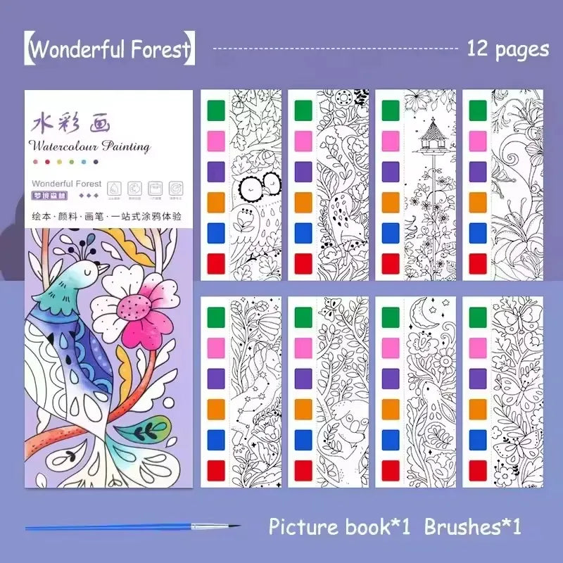 Magic Watercolor Coloring Book for Kids 12 Sheets Graffiti Painting Notebook with Paint Brush Water-Activated Gouache Drawing