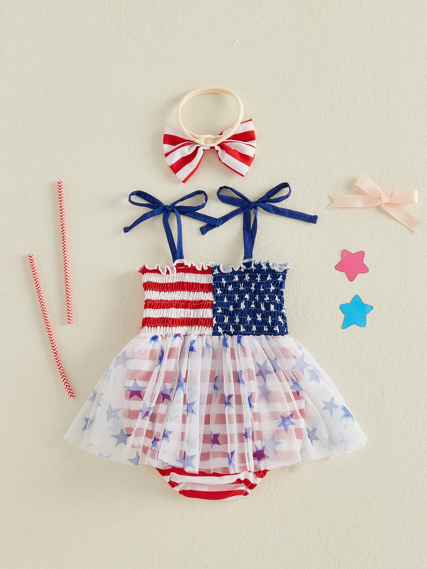 Infant Baby Girl Bodysuits Outfit Independence Day Sleeveless Tie up Shoulder Strap Star Stripe Print Romper Dress and Headband