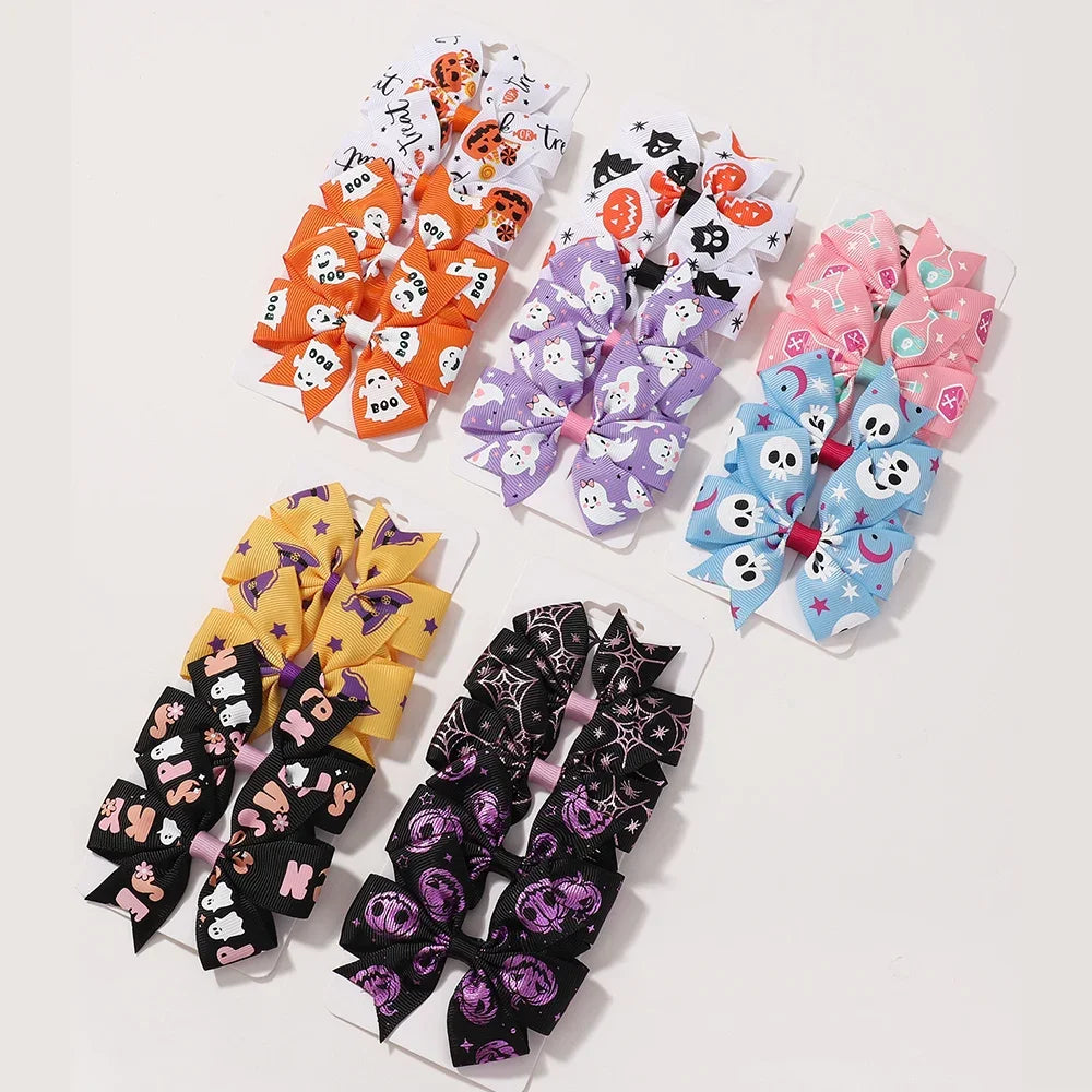 4Pcs/Set Baby Girls Bow Hair Clips 3.5'' Cute Printing Halloween Party Headdress Headwear Hair Accessories for 2-5 Years Old