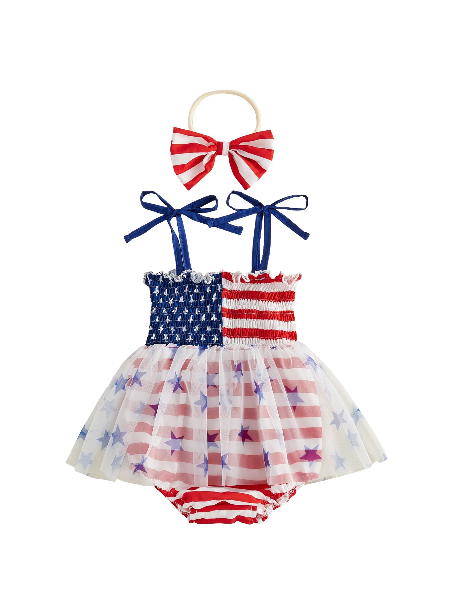 Infant Baby Girl Bodysuits Outfit Independence Day Sleeveless Tie up Shoulder Strap Star Stripe Print Romper Dress and Headband
