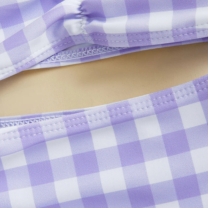 Children 3Pcs Beachwear Baby Girl Bikini Swimsuit Infant Casual Bathing Suit Newborn Swimwear Plaid Fly Sleeve Tank Tops Shorts
