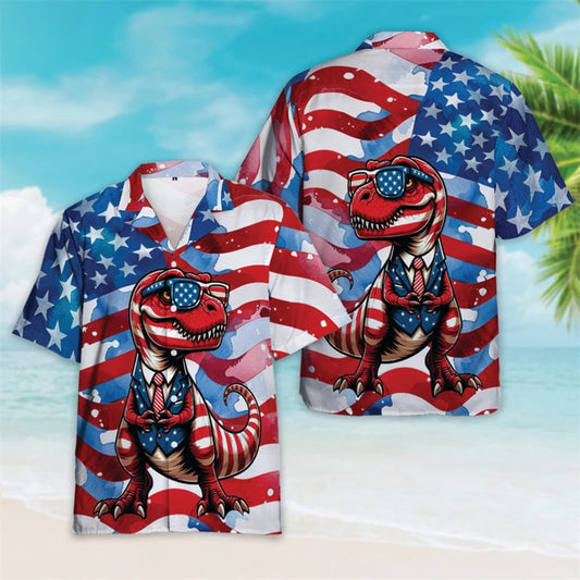 4th of July Patriotic Hawaiian Button Shirt | USA Flag Lapel | Men's