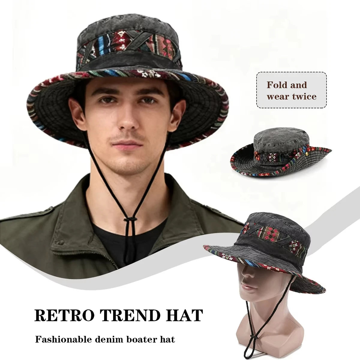 Bohemian Denim Washed Fisherman Hat | Retro Bucket Hat | Unisex Outdoor
