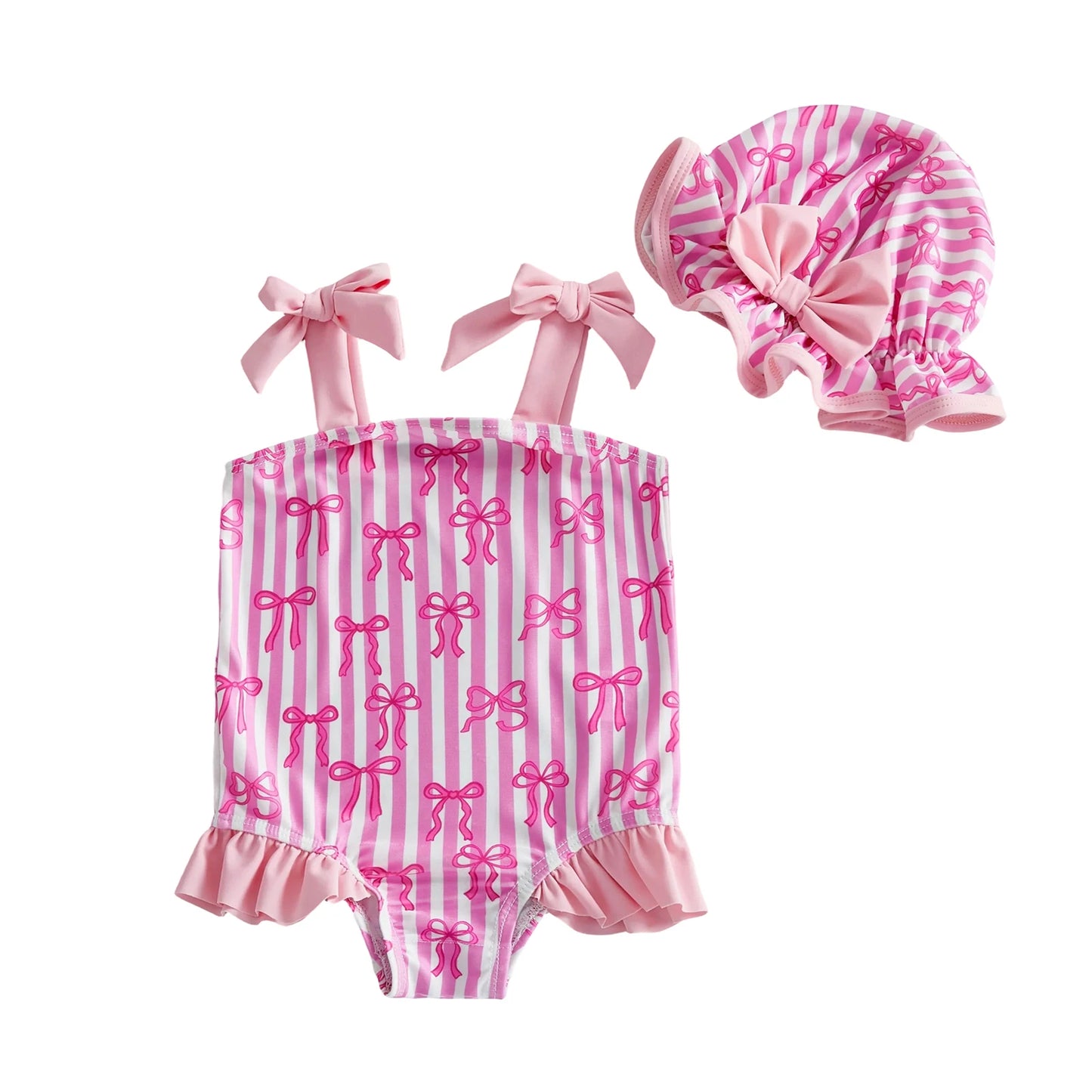 FOCUSNORM 0-3Y Lovely Toddler Baby Girls Summer Swimsuit Strawberry/Bow/Cherry Print Sleeveless Tie Shoulder Bathing Suit Cap