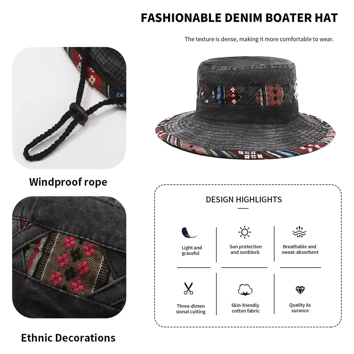 Bohemian Denim Washed Fisherman Hat | Retro Bucket Hat | Unisex Outdoor