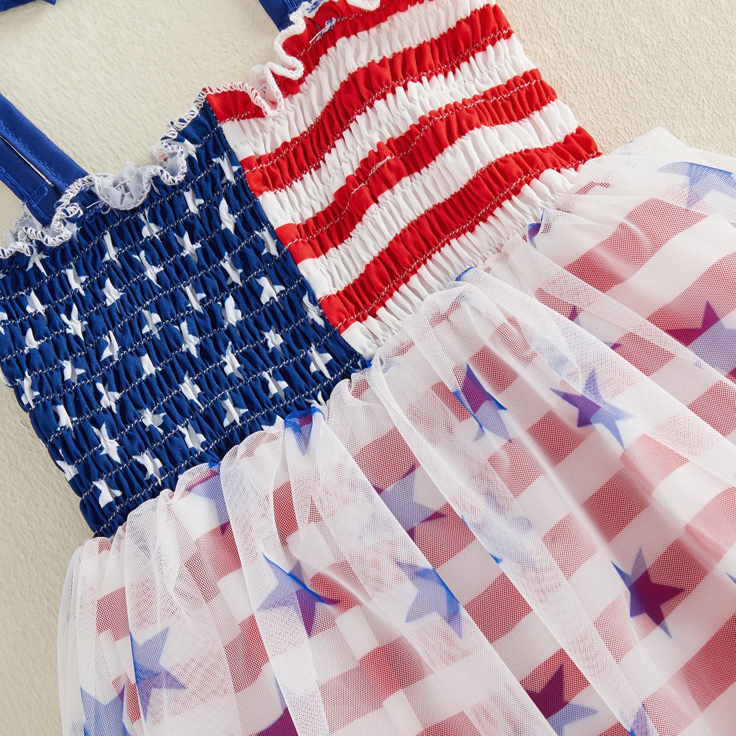 Infant Baby Girl Bodysuits Outfit Independence Day Sleeveless Tie up Shoulder Strap Star Stripe Print Romper Dress and Headband