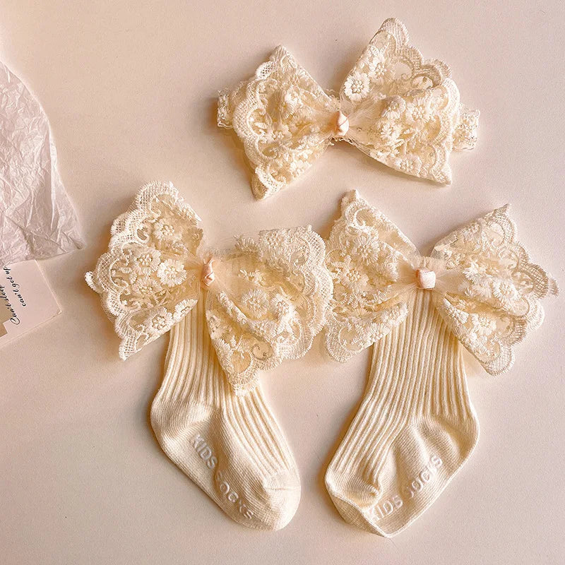 Baby Lace Headband with Ruffled Edges Bow Anti Slip Socks Set Princess Cute Photo Hair Accessories Photography Props