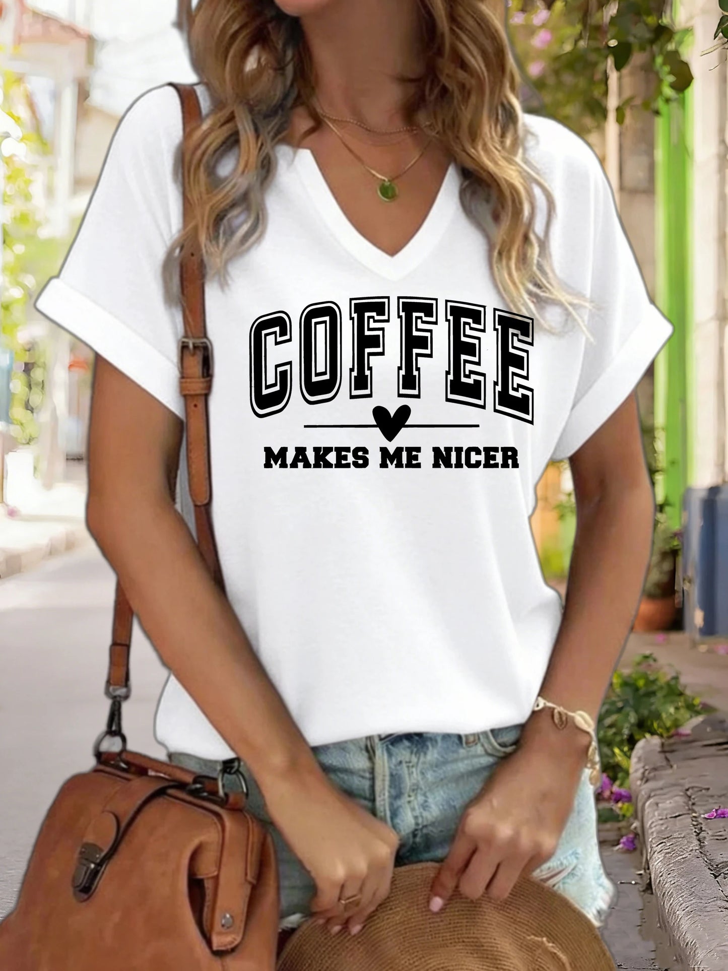 Women's V-Neck "Coffee Makes Me Nicer" Graphic Tee, Funny Coffee Lover Print T-Shirt, Casual Short Sleeve Top