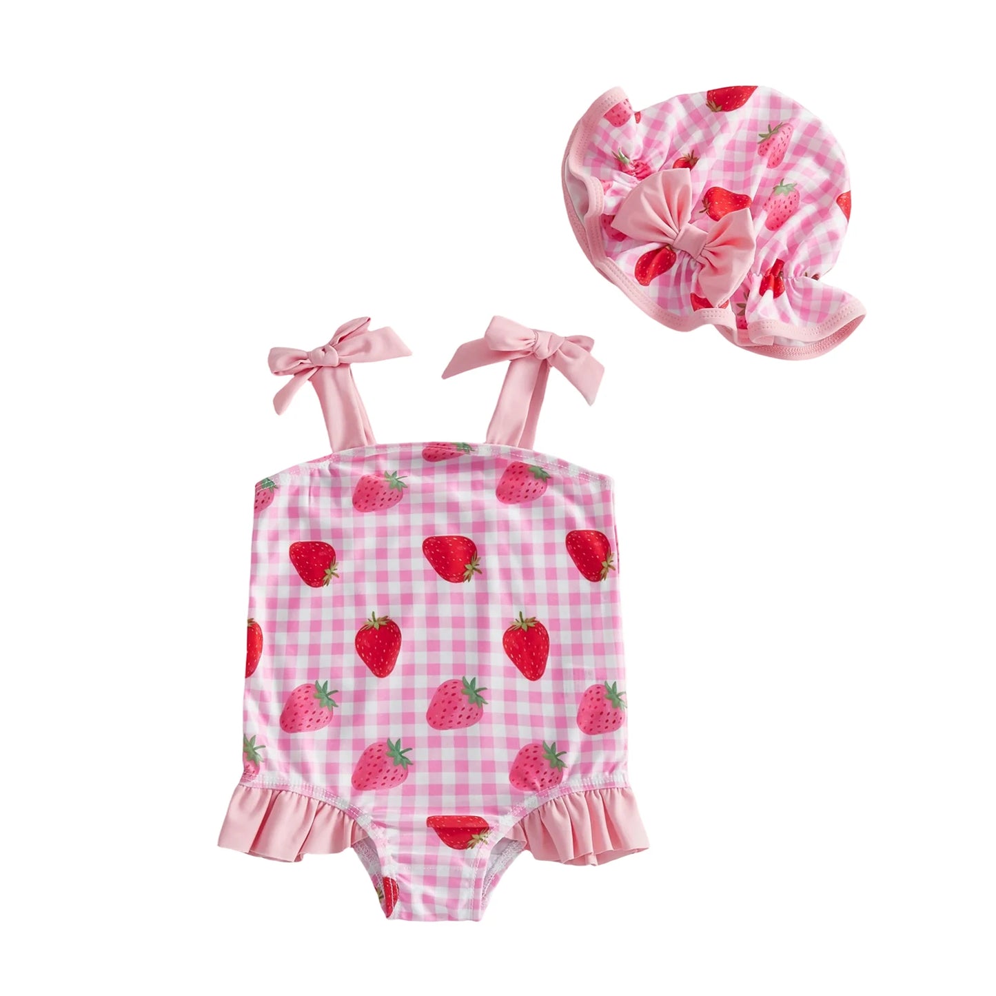 FOCUSNORM 0-3Y Lovely Toddler Baby Girls Summer Swimsuit Strawberry/Bow/Cherry Print Sleeveless Tie Shoulder Bathing Suit Cap