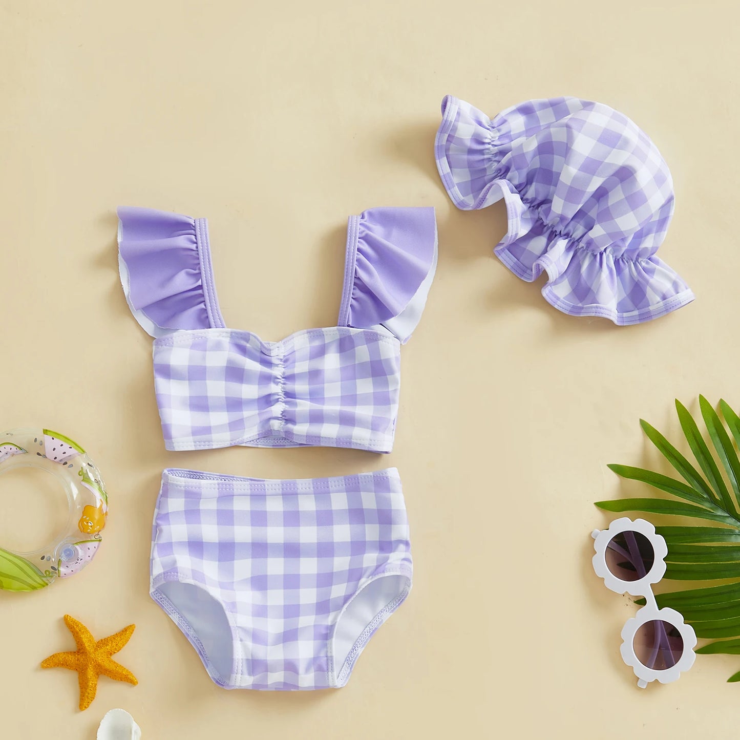 Children 3Pcs Beachwear Baby Girl Bikini Swimsuit Infant Casual Bathing Suit Newborn Swimwear Plaid Fly Sleeve Tank Tops Shorts