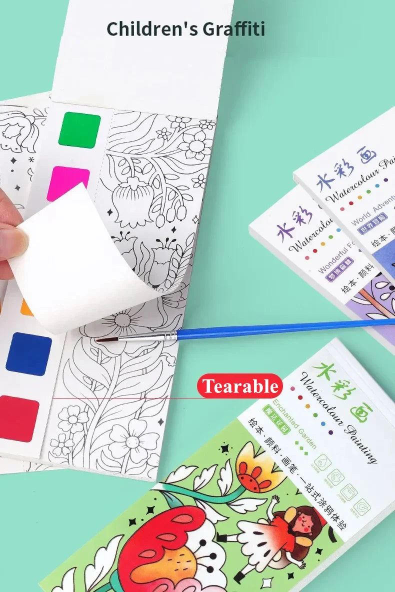 Magic Watercolor Coloring Book for Kids 12 Sheets Graffiti Painting Notebook with Paint Brush Water-Activated Gouache Drawing