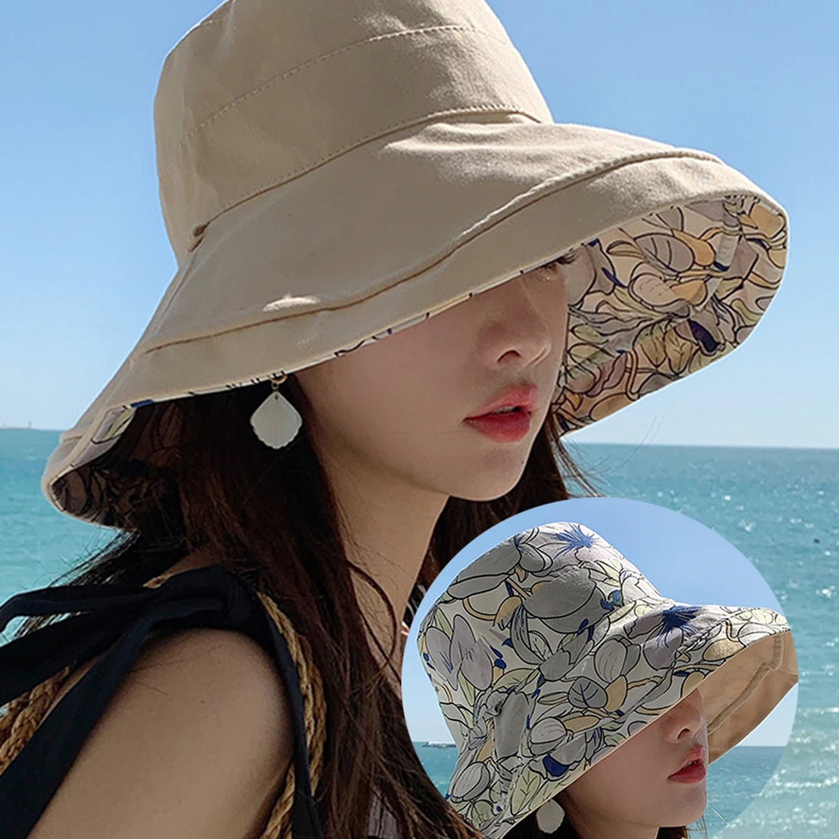 Double-Sided Flower Print Bucket Hat | Wide Brim Sun Hat with Windproof Rope | Women's