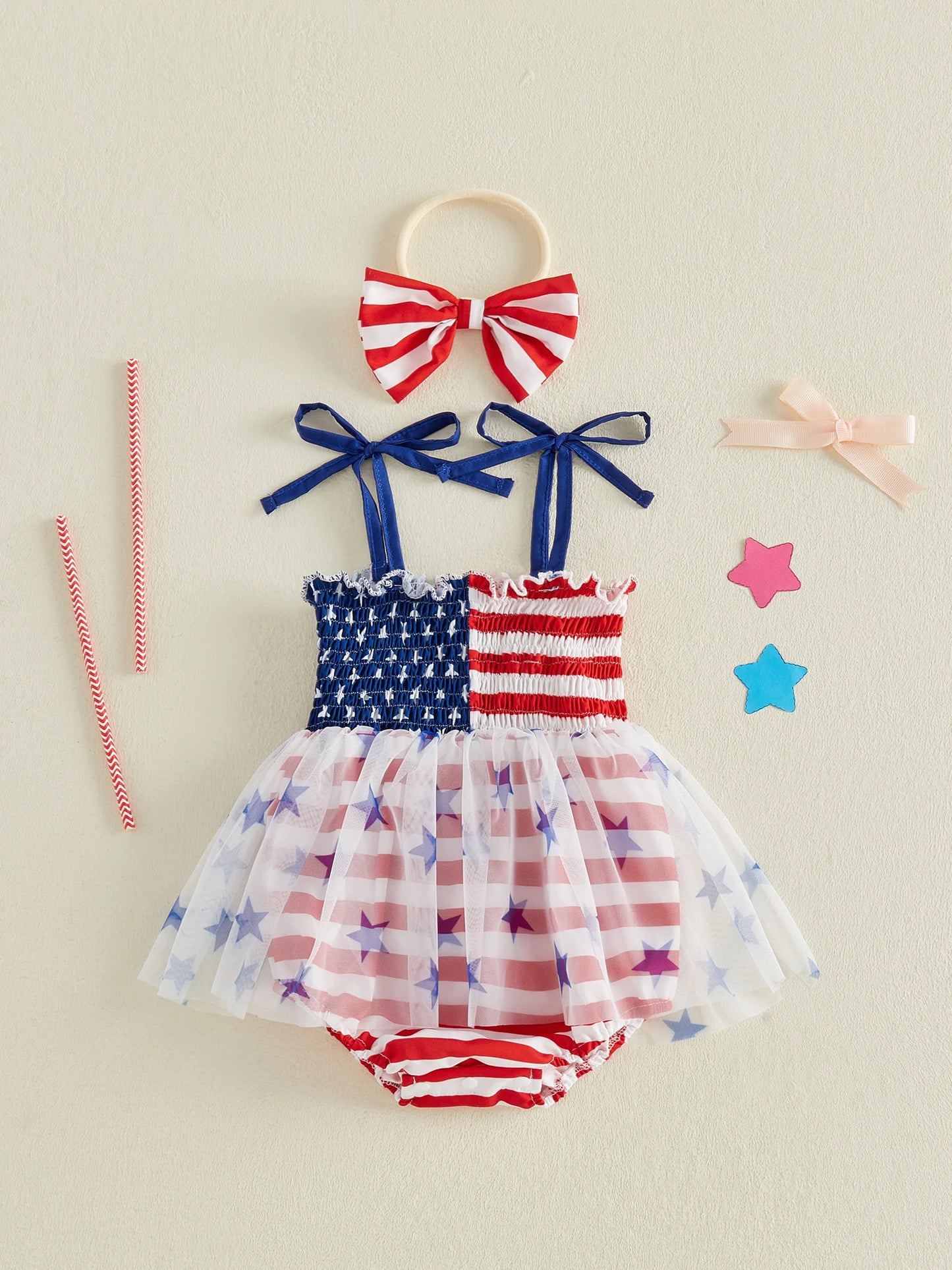 Infant Baby Girl Bodysuits Outfit Independence Day Sleeveless Tie up Shoulder Strap Star Stripe Print Romper Dress and Headband