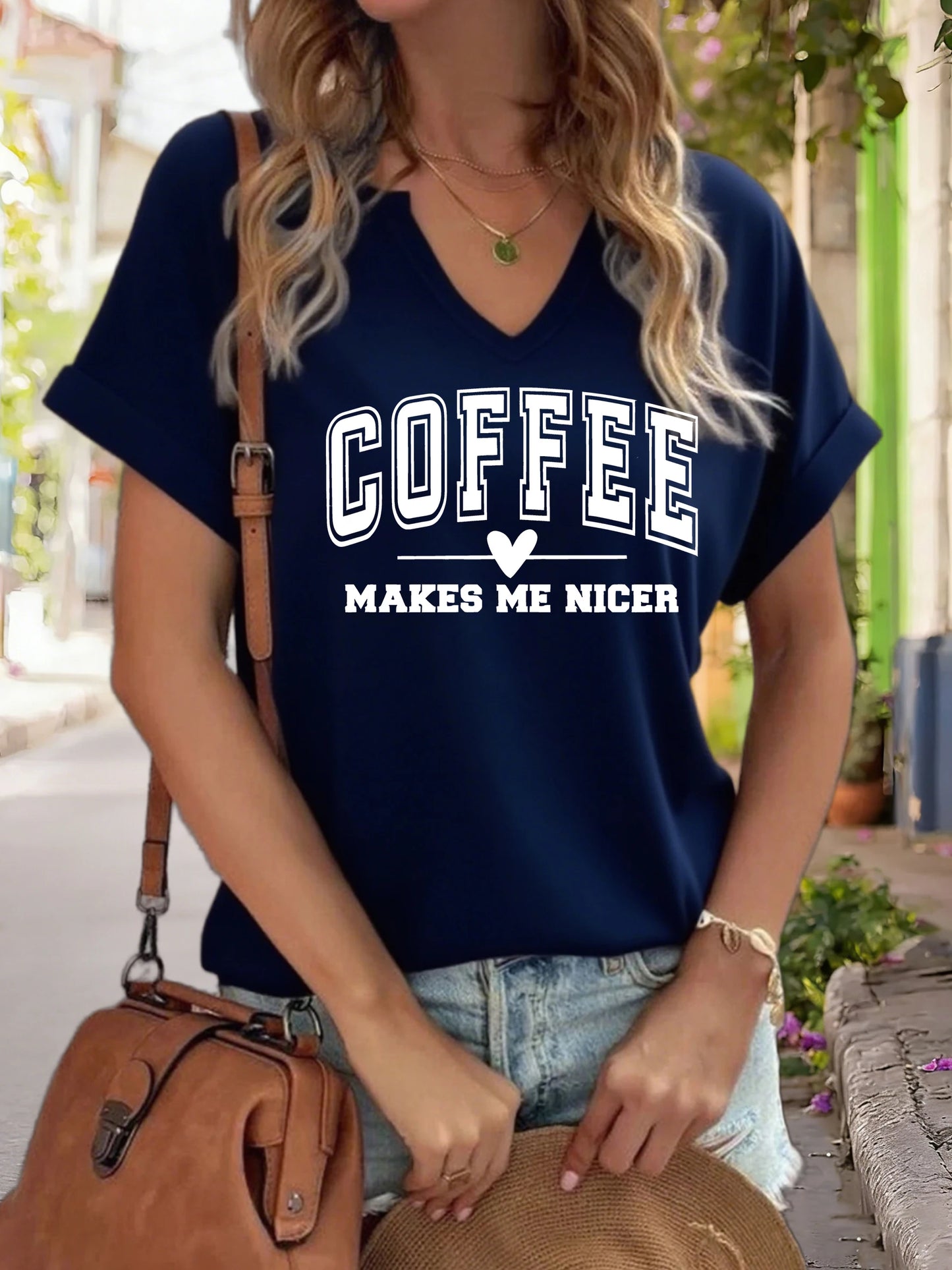 Women's V-Neck "Coffee Makes Me Nicer" Graphic Tee, Funny Coffee Lover Print T-Shirt, Casual Short Sleeve Top