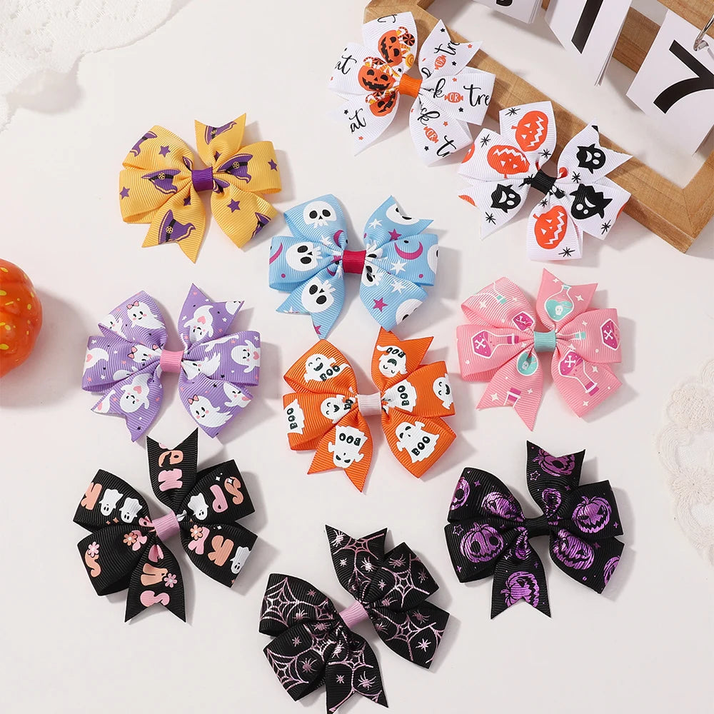 4Pcs/Set Baby Girls Bow Hair Clips 3.5'' Cute Printing Halloween Party Headdress Headwear Hair Accessories for 2-5 Years Old