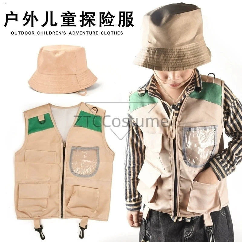 Kids Explorer Vest and Hat Costume Safari Cargo Vest Boys Outdoor Adventure Kit Halloween Cosplay Dress Up Pretend Play Costumes