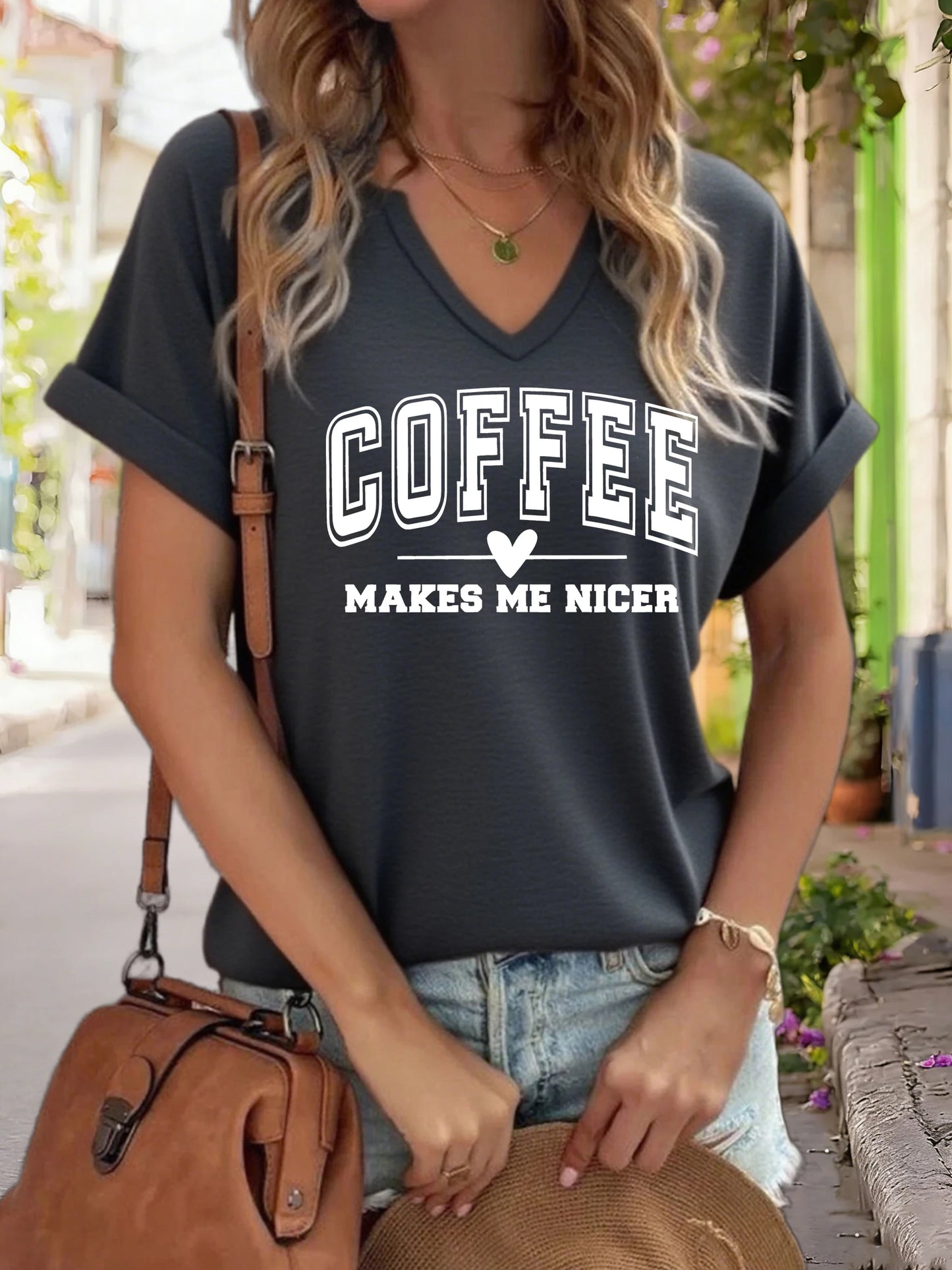 Women's V-Neck "Coffee Makes Me Nicer" Graphic Tee, Funny Coffee Lover Print T-Shirt, Casual Short Sleeve Top